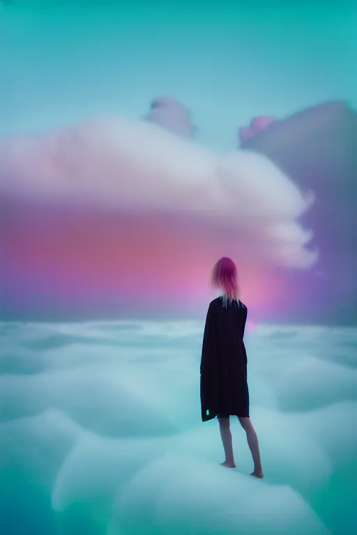 Image similar to high quality pastel coloured film close up wide angle photograph of a model wearing clothing swimming on cloud furniture in a icelandic black rock!! environment in a partially haze filled dreamstate world. three point light, rainbow. photographic production. art directed. pastel colours. volumetric clouds. pastel gradient overlay. waves glitch artefacts. extreme facial clarity. 8 k. filmic.