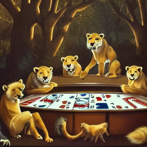 Image similar to a gang of lions, wolves and raccoons playing poker at night