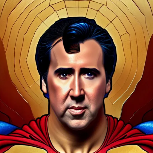 Image similar to upper body portrait of nicolas cage as superman, intricate, elegant, highly detailed, digital painting, artstation, concept art, smooth, sharp focus, illustration, art by artgerm and greg rutkowski and alphonse mucha, 8 k