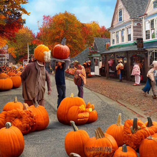 Image similar to pumpkin headed people selling goods at a market in a vermont town square, fall foliage, cobblestone streets, new england colonial buildings, intricate details, sharp focus, digital art, hyper realistic, 4 k, unreal engine, highly detailed, hd, dramatic lighting by brom, based on over the garden wall pottsfield, trending on artstation