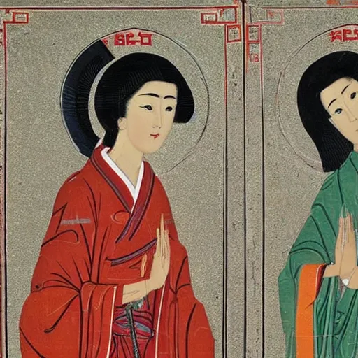 Prompt: portrait of 2 different asian looking girls close up looking at each other in iconography style theophanes the greek glitter chinese ornament dress