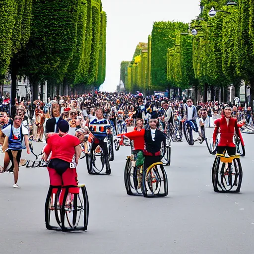 Prompt: sports photo of troupe of clowns on unicycles in a bunch sprint on the champs de elysees, tour de france