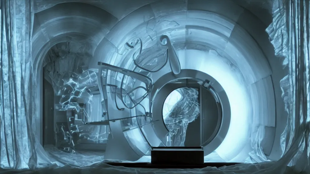 Image similar to an mri image open mri exposed uncovered machine portal in the living room, film still from the movie directed by denis villeneuve with art direction by salvador dali, wide lens