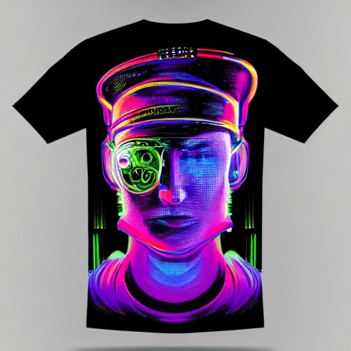 Prompt: mockup of a black tshirt with a hyperdetailed portrait of a cyberpunk robot by hajime sorayama, 8 k, symetrical, flourescent colors, happy trippy mood, multicolored,