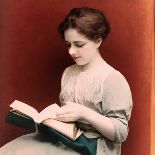 Prompt: a vintage 1 9 0 0 s kodachrome slide portrait of a young woman reading a book.