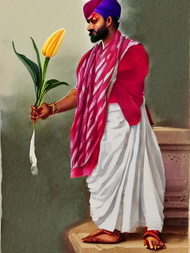 Image similar to water color painting, artwork by raja ravi varma, of a solo individual portrait of an indian guy holding lilies, dapper, simple illustration, domestic, nostalgic, full of details, matte painting, trending on artstation and unreal engine