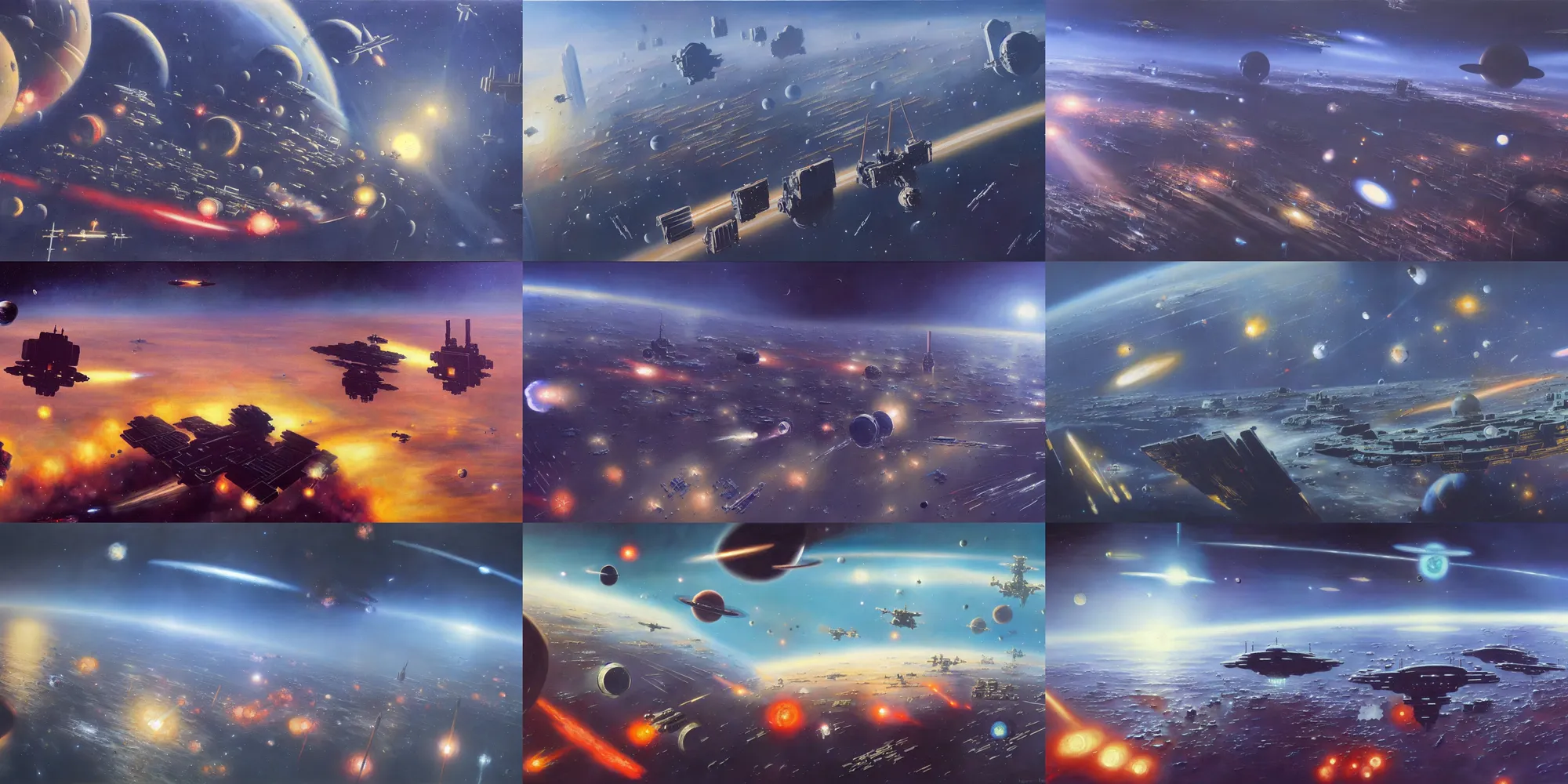 Image similar to a gorgeous painting of the low earth orbit space city under war by john harris. ultra clear detailed. 8 k