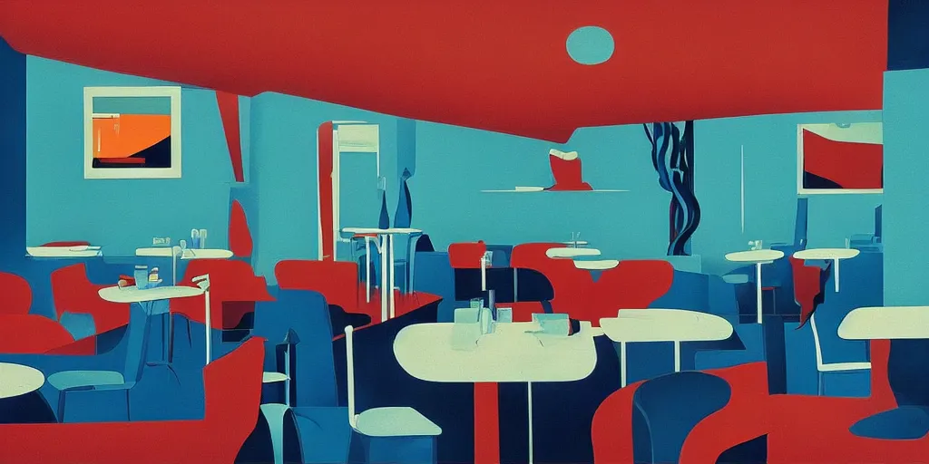 Image similar to cafe interior, blue tone, modernism, gouache, animated film, stylised, illustration, by eyvind earle, scott wills, genndy tartakovski