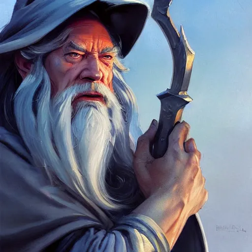 Prompt: greg manchess portrait painting of partially armored gandalf as overwatch character, medium shot, asymmetrical, profile picture, organic painting, sunny day, matte painting, bold shapes, hard edges, street art, trending on artstation, by huang guangjian and gil elvgren and sachin teng