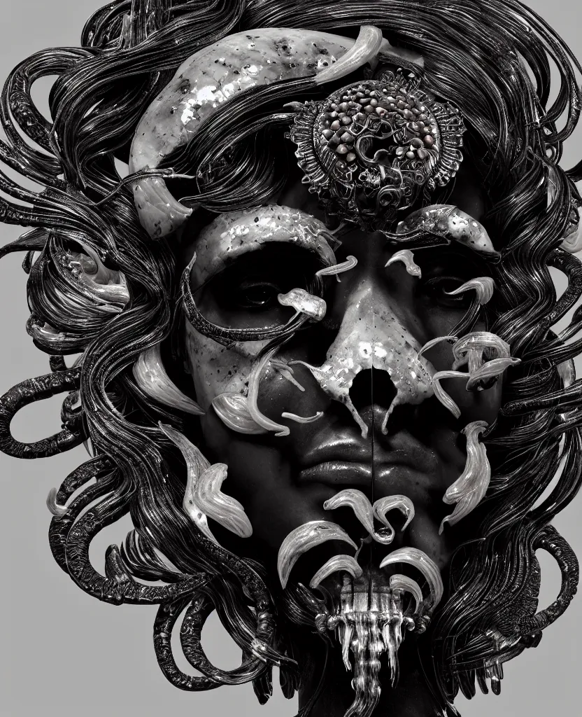 Image similar to goddess princess face close-up portrait ram skull. sculpture made of black stone with elements made of polished gold. jellyfish phoenix head, nautilus, orchid, skull, betta fish, bioluminiscent creatures, intricate artwork by Tooth Wu and wlop and beeple. octane render, trending on artstation, greg rutkowski very coherent symmetrical artwork. cinematic, hyper realism, high detail, octane render, 8k