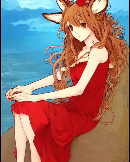 Image similar to A cute frontal fullbody painting of a beautiful anime skinny foxgirl with curly brown colored hair and fox ears on top of her head wearing a cute red dress with rose symbolic sitting on the stone looking at the viewer, elegant, delicate, soft lines, higly detailed, smooth , pixiv art, ArtStation, artgem, art by Gil Elvgren alphonse mucha and charles reid, high quality, digital illustration, concept art