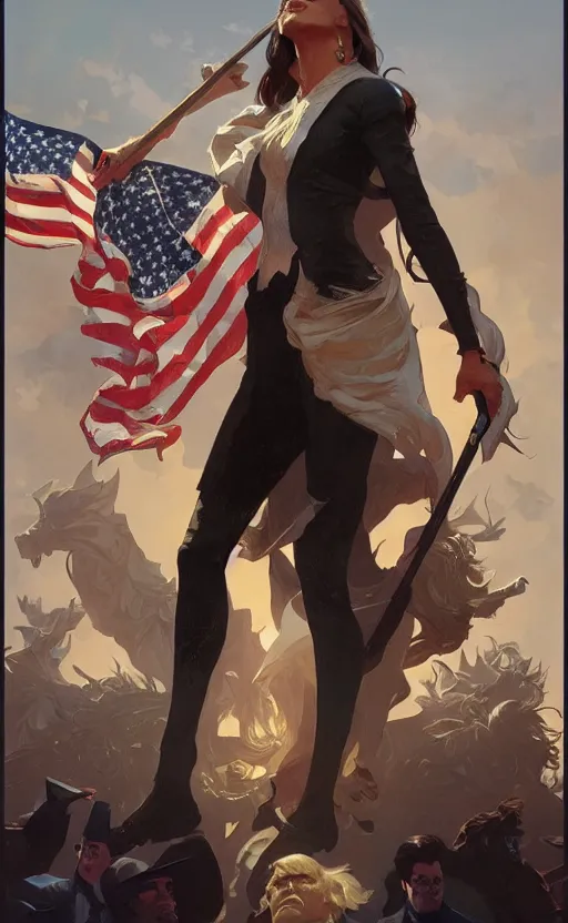 Image similar to personification of the united states of america, highly detailed, digital painting, artstation, concept art, sharp focus, illustration, art by greg rutkowski and alphonse mucha