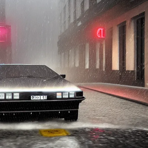 Image similar to hyperdetailed, photorealistic photograph of a dmc 1 2 delorean driving in the streets, rain, night, dense fog, hd, unreal engine 5