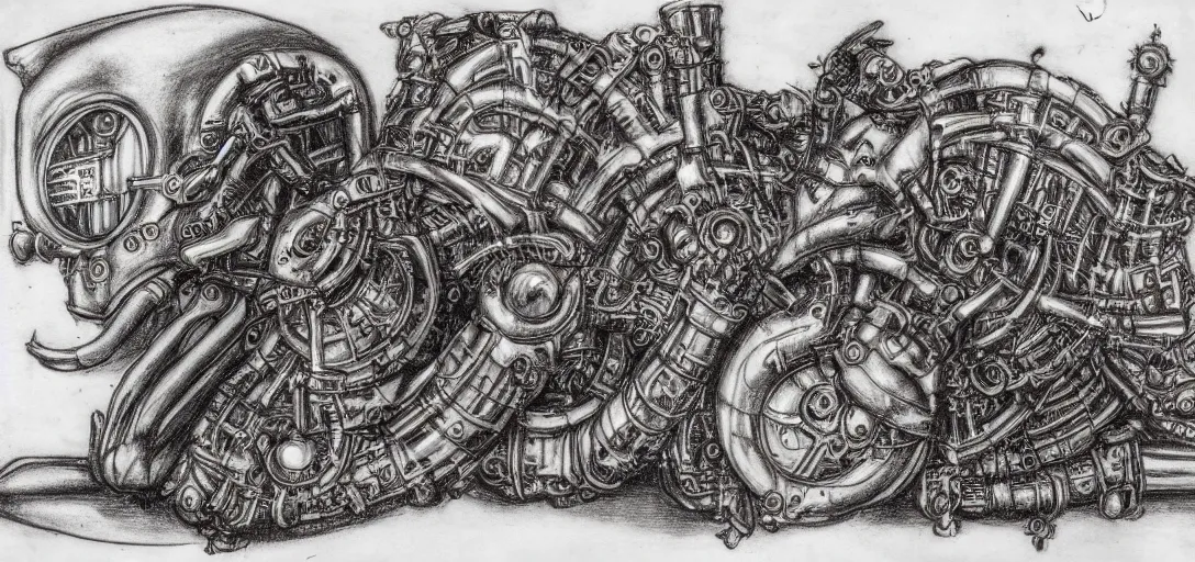 Image similar to mechagodzilla, steampunk automaton, mechanical, renaissance style drawing, alchemical sketch, mutant, detailed, clockwork, 4 k, fineart, sketch by leonardo da vinci