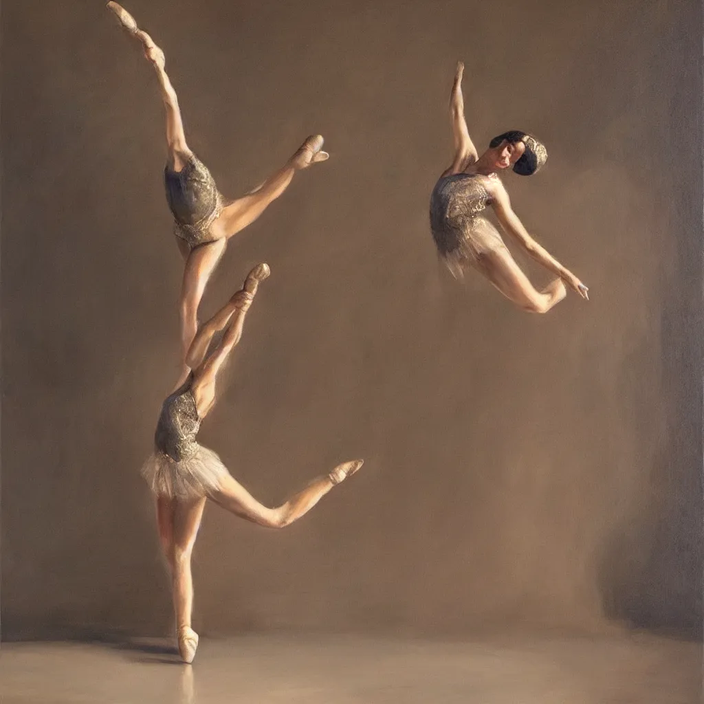 Prompt: a stunning oil painting of a singular ballerina in a spotlight, arabesque