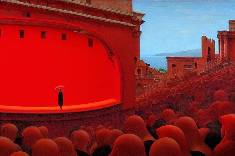 Image similar to only with red, a red great emperor, taormina amphitheatre, crowd with big smile, in the style of beksinski, parts by edward hopper, parts by rodcenko, parts by yue minjun, intricate and epic composition, red by caravaggio, insanely quality, highly detailed, masterpiece, red light, artstation, 4 k