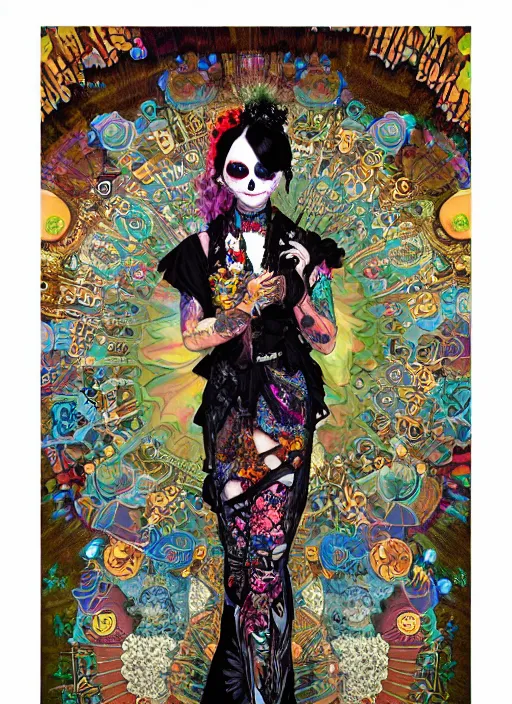 Image similar to cute punk goth fashion fractal Día de los Muertos tattooed hippy girl wearing kimono posing by Zhang Jingna, psychedelic poster art of by Victor Moscoso Rick Griffin Alphonse Mucha Gustav Klimt Ayami Kojima Amano Charlie Bowater, masterpiece