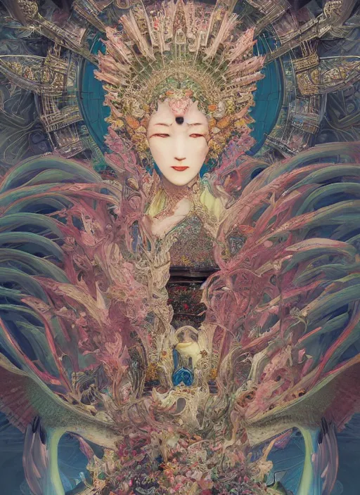 Prompt: portrait full three kingdom breathtaking detailed concept art painting art deco pattern of birds goddesses amalmation flowers head thibetan temple, by hsiao ron cheng, tetsuya ichida, bizarre compositions, tsutomu nihei, exquisite detail, extremely moody lighting, 8 k, art nouveau, old chines painting, art nouveau