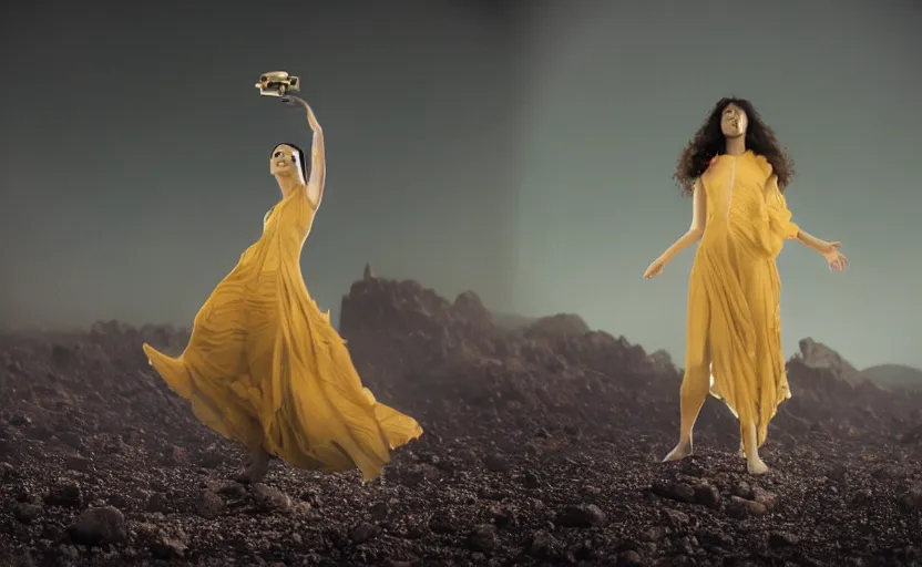 Image similar to levitating woman with fractal mirror dress with white flowers and golden mask inside a thick black smoke in rocky desert landscape, solar eclipse in the sky, burning earth by gaspar noe and christopher doyle, anamorphic lens, anamorphic lens flares, kodakchrome, cinematic composition, practical effects, award winning photo, 8 k