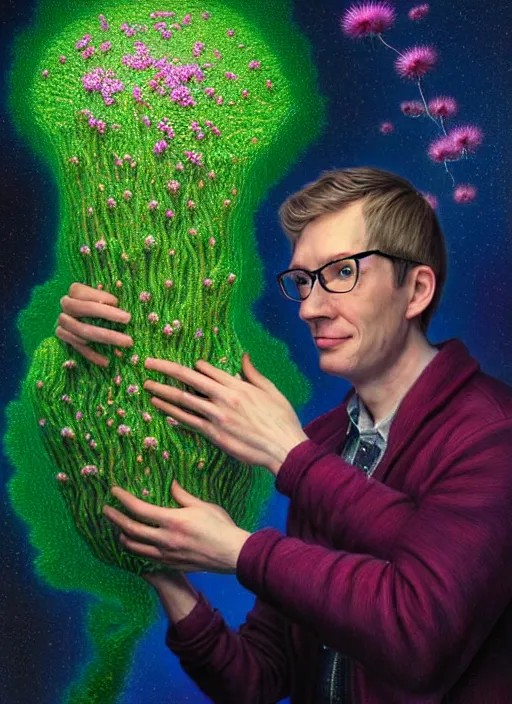 Image similar to hyper detailed 3d render like a Oil painting - friendly professional portrait of author Hank Green in Aurora seen Eating of the Strangling network of yellowcake aerochrome and milky Fruit and Her delicate Hands hold of gossamer polyp blossoms bring iridescent fungal flowers whose spores black the foolish stars by Jacek Yerka, Mariusz Lewandowski, Houdini algorithmic generative render, Abstract brush strokes, Masterpiece, Edward Hopper and James Gilleard, Zdzislaw Beksinski, Wolfgang Lettl, hints of Yayoi Kasuma, octane render, 8k
