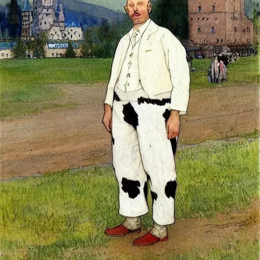 Image similar to painting carl larsson, cow, dressed, anthropomorphic!!, wearing!!! clothes!!!, standing next to royal castle!!!