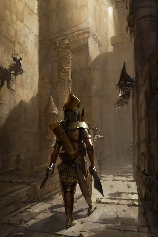 Prompt: a fantasy concept artwork depicting an armored ancient egyptian palace guard walking through the egyptian courtyard by anders zorn, craig mullins and greg rutkowski, beautiful cinematic light