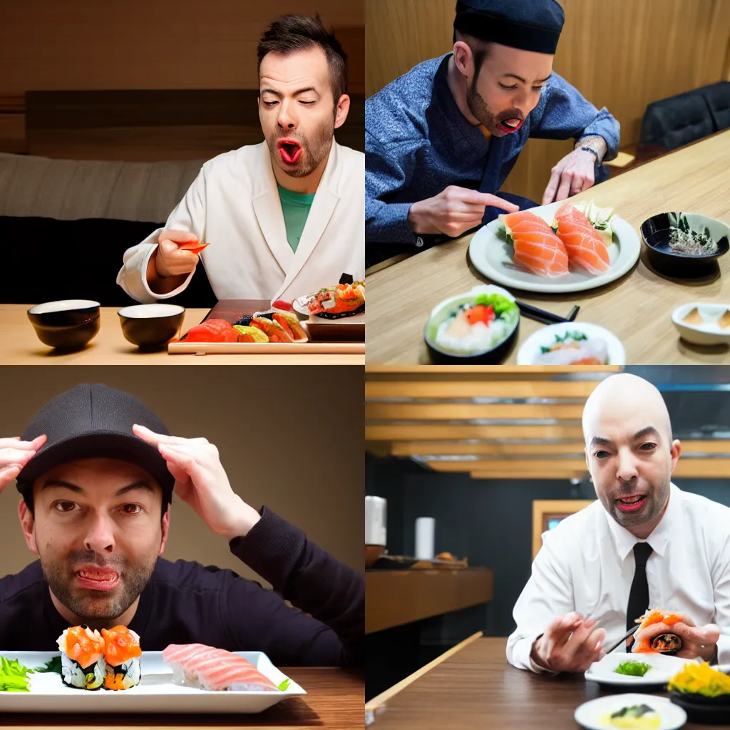Prompt: Andrew tate eating sushi, hyper relastic, photo, 8k resolution