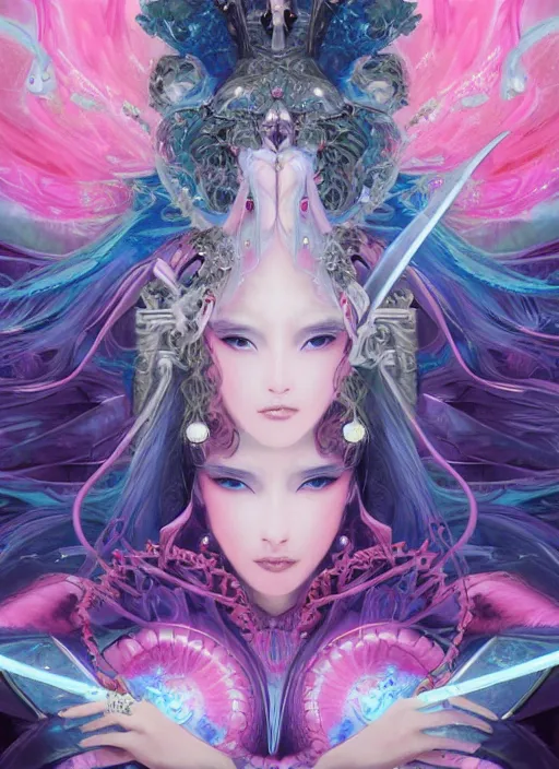 Image similar to close-up of character concept portrait of a Italian Japanese Celestial Goddess as a royal pink wizard conjuring a violent void multiversal spell, a floating iridescent blade sword of chaos from God of War in the center, luxury, high-end, chic, intricate, elegant, digital painting, concept art, smooth, sharp focus, illustration, from Metal Gear, by Ruan Jia and Mandy Jurgens and William-Adolphe Bouguereau, Artgerm