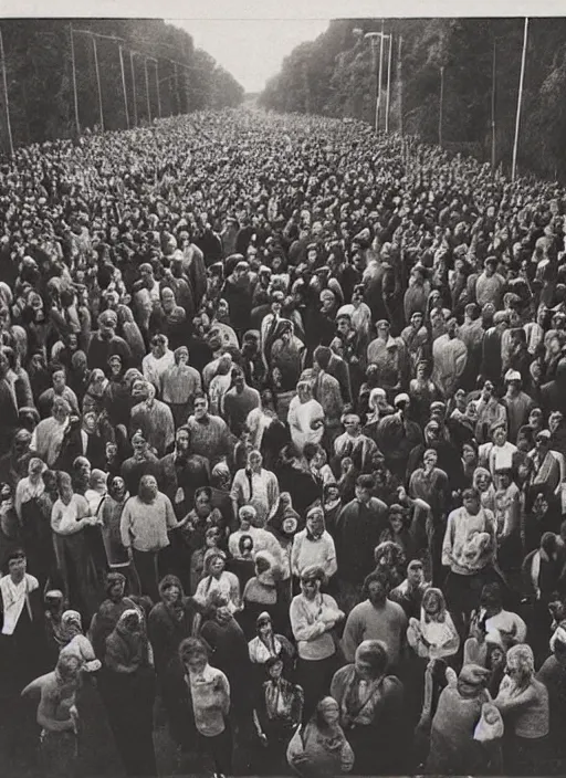 Image similar to photograph of people gathered in preparation for the end of the world all of their mouths are agape.