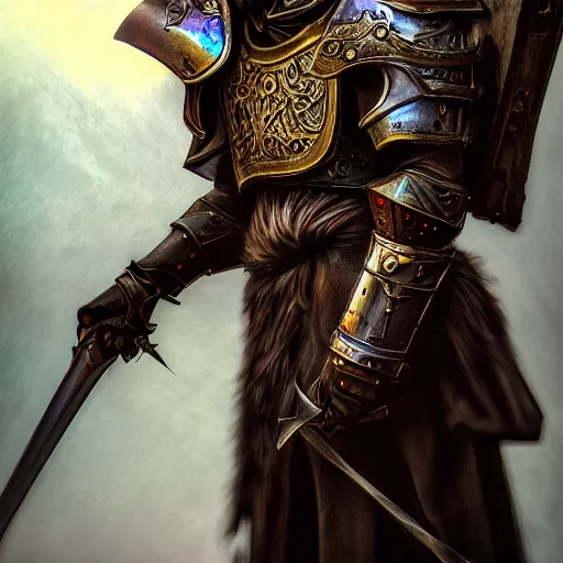 Image similar to portrait of a guy with battle armor,Grim fantasy, D&D, HDR, natural light, medium close shot, dynamic pose, award winning photograph, Mucha style