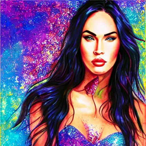 Image similar to “Megan Fox glitter paints paintings, glitter background, ultra detailed portrait, 4k resolution”