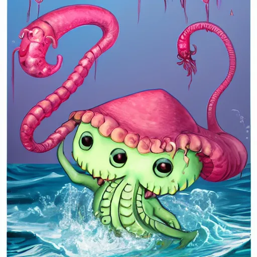 Prompt: cute baby cthulu splashing in the ocean, trending on artstation