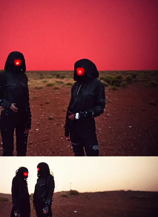 Image similar to cinestill 5 0 d photographic portrait of two loving clones, women wearing rugged black techwear on a desolate plain with a red sky, extreme closeup, diverse species, cyberpunk, in front of a brutalist dark metal facility, dust storm, 3 5 mm, 8 k, f / 3 2, high resolution, ultra realistic faces, beautiful