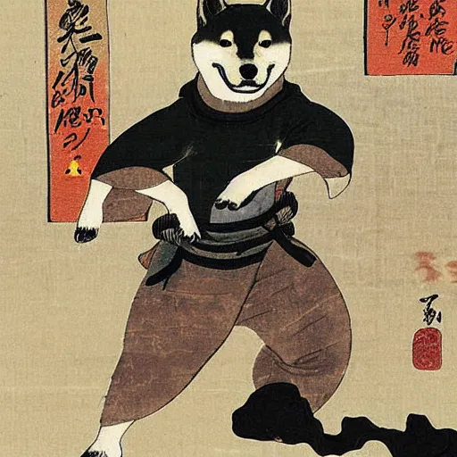 Image similar to shiba inu ninja on a birthday card, highly detailed, 1 8 th century japanese painting,