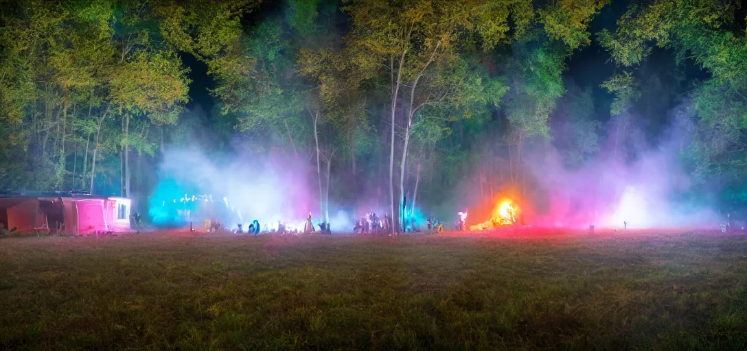 Image similar to rave party in the woods behind a farm, uhd, smoke, colorful, night, 8k, photo,