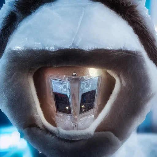 Image similar to photorealistic closeup portrait of ice bear robot in san fransisco, art photography, horror, sigma 5 0 mm, f 1. 8, insane details, hyper realistic, 8 k, full figure poster, volumetric lighting, very detailed face, 4 k, award winning