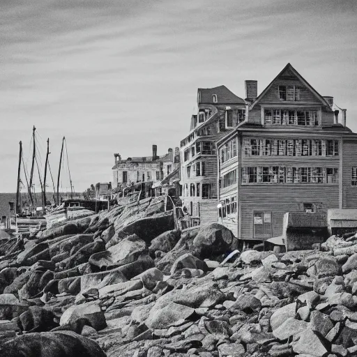 Image similar to vintage photo landscape of portland maine, intricate, Close-up shot, low angle shot, trending on artstation