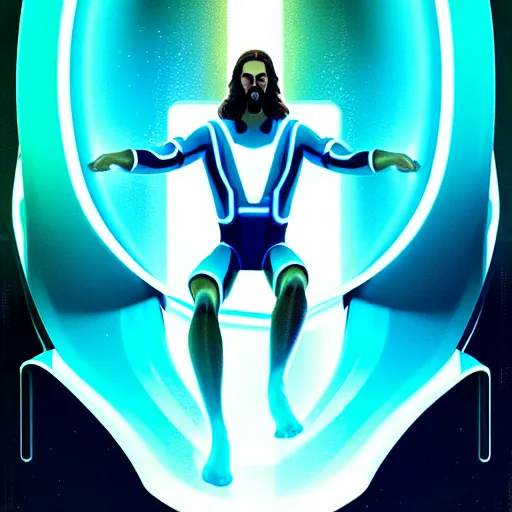 Prompt: tron legacy jesus riding waterslide, face closeup, laughing, diffuse lighting, hyper realistic, concept art, intricate, hyper detailed, smooth, sharp focus, illustration, trending on artstation, art by greg rutkowski and james gurney and alphonse mucha