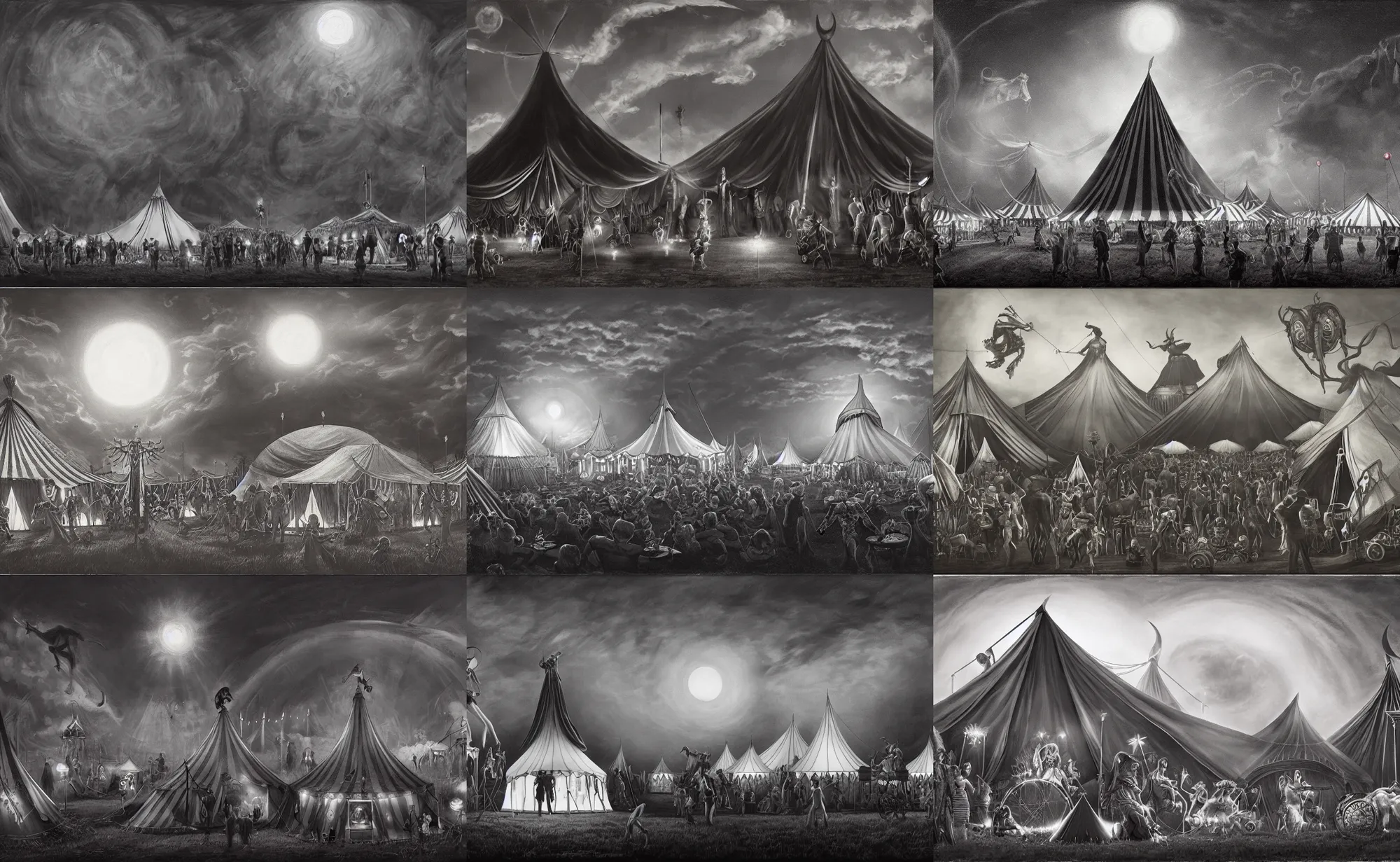 Prompt: a magical circus in a field at night with large black and white tents in a circle with a giant cauldron in the center, artwork by gerald brom, masterpiece, 4 k