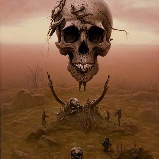 Prompt: post apocalyptic skull on top of the mountain of bones by zdzisław beksinski, digital art, award winning, trending on artstation, digital art. highly detailed 8 k. intricate. lifelike. soft light,