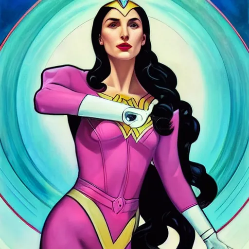 Image similar to a streamline moderne painting of gal gadot as the pink power ranger in the style of charlie bowater, and in the style of alphonse mucha. symmetry, smooth, sharp focus, semi - realism, intricate detail.