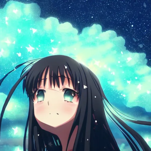 Prompt: key anime visual of a girl looking at a sky full of stars, detailed digital painting, sharp official media, extreme wide shot cold backlit beautiful lighting, stunning vfx