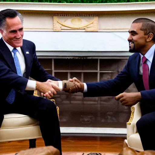 Prompt: professional photograph of Mitt Romney and Kanye West shaking hands in the oval office, 8k, very detailed, very intricate,