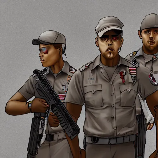 Prompt: ( ( beige ) ) uniform and caps zombie ranger officers ( background brutalist gray concrete office ) trending on artstation high detail digital painting 4 k 8 k hd accurate glow red