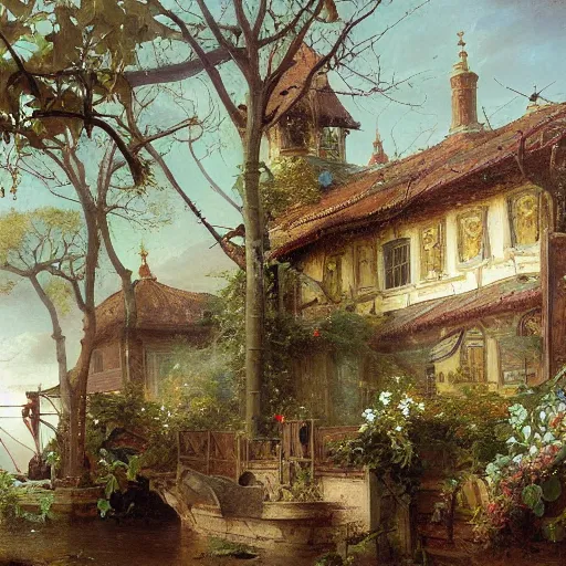 Image similar to detailed painting of a pod architecture, floral ornaments, andreas achenbach