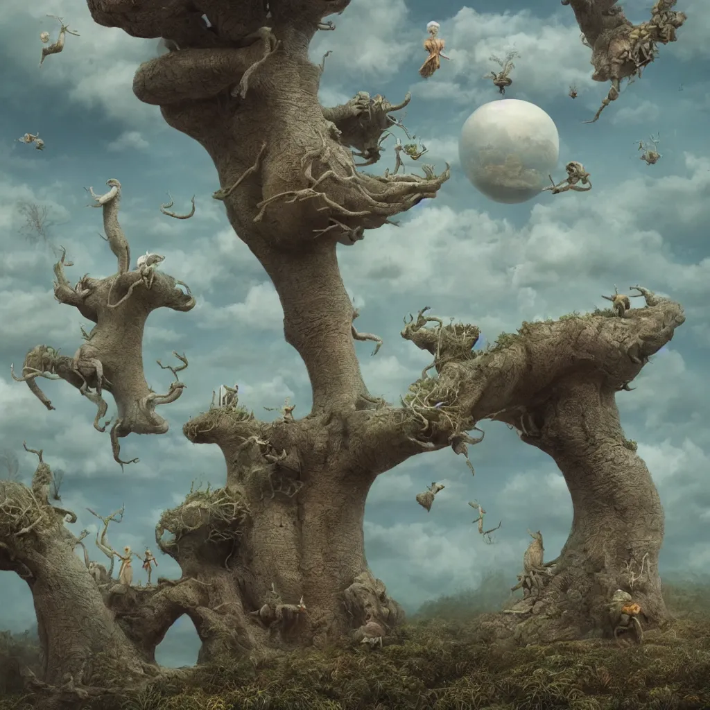 Prompt: baobab planet, beautiful angels, little mischievous monsters, octane render, very sharp, maurice sendak, beksinski, quint buchholz, charlie bowater, pranckevicius