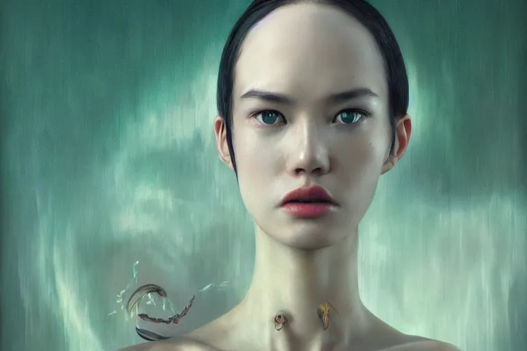 Image similar to 3 d, sci - fi, morning, angry fashion model face, sun, cinematic, clouds, sun rays, vogue cover style, poster art, light green mood, snakes, realistic painting, intricate oil painting, high detail, figurative art, multiple exposure, poster art, 3 d, by tooth wu and wlop and beeple and greg rutkowski