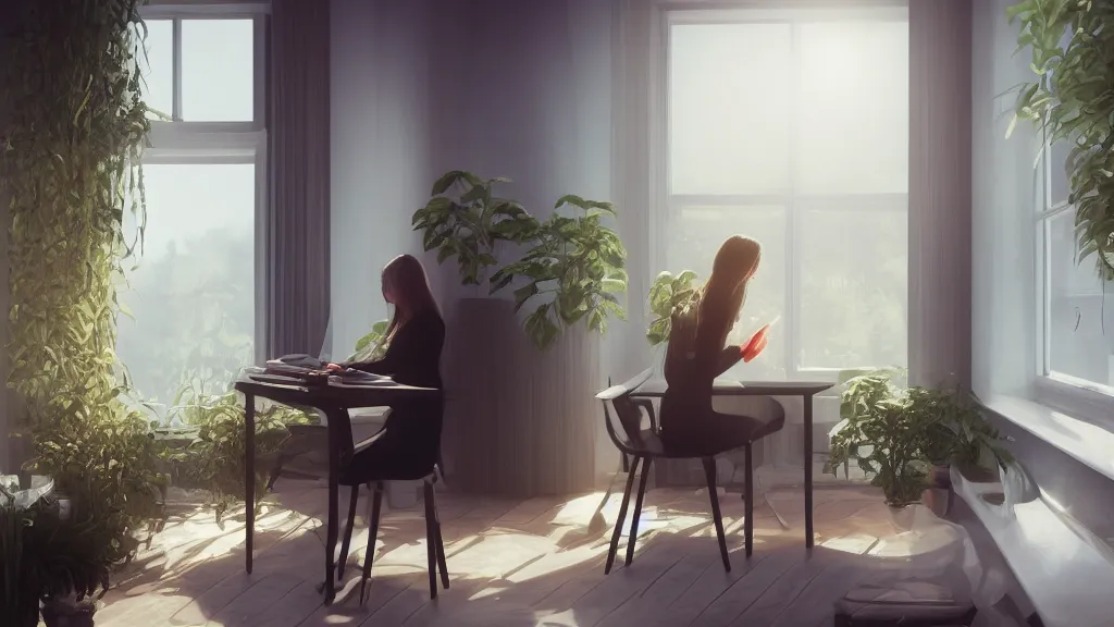 Prompt: peaceful dreamy painting of a beautiful young woman sitting at a desk with a black cat, sunshine coming through the window, small plants on the window sill, 8k, hyper realism, trending on artstation, octane render, dynamic lighting