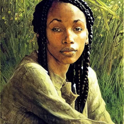 Prompt: A stunning masterful portrait of a beautiful African woman with braided hair by Andrew Wyeth and Norman Rockwell