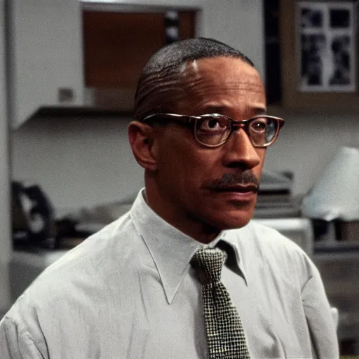 Prompt: still of Gus Fring from Breaking Bad in a 1980 tv series, old movie, grain effect, B movie